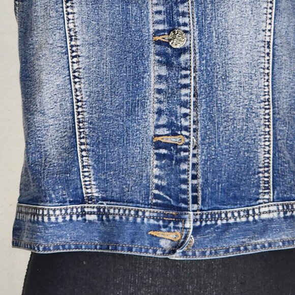 Indigo Thread Denim Button Front Cream Crochet Back Cotton Poly Span Vest Size S - Picture 3 of 16